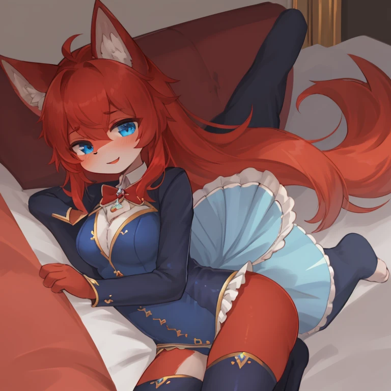 masterpiece, Soft shadows, 1 boy, hairy, hairy猫, personification, male, Red fur, Red skin, blue eyes, Magical girl theme, Sexy clothes, Blue magical girl suit, Female Lover, Uploaded to e621,