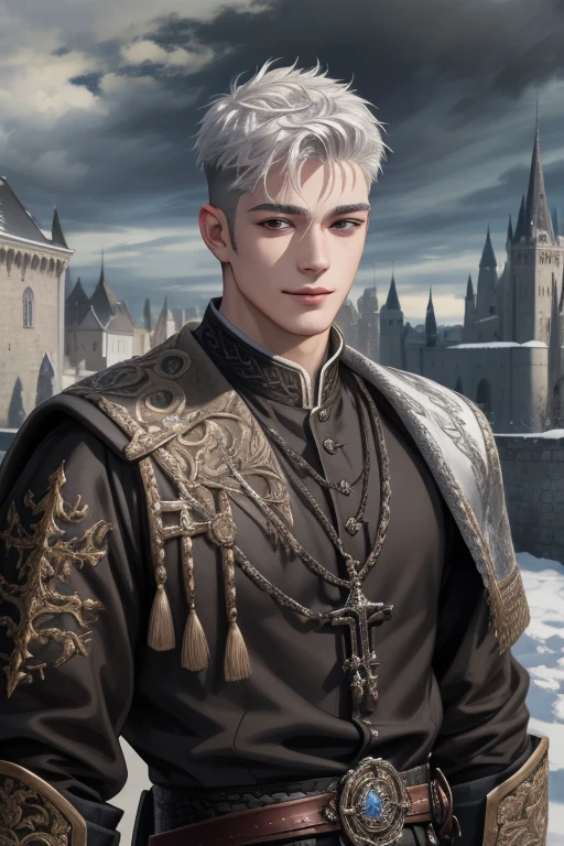 (Absurdres, Intricate Details, Masterpiece, Best Quality, High Resolution, 8k), 1 male, masculine, young, aged up, dreadful, finely detailed eyes and face, white gray short back and sides hair, black eyes, portrait, looking at viewer, solo, (full body:0.6), derailed eyes, calm smile, detail face, holding a sword, Features highly detailed characters and landscapes, Atmospheric castle background. 超A high resolution A hyper-realistic real looking skin Beautiful expression enticing Ultra-precision details of sword.