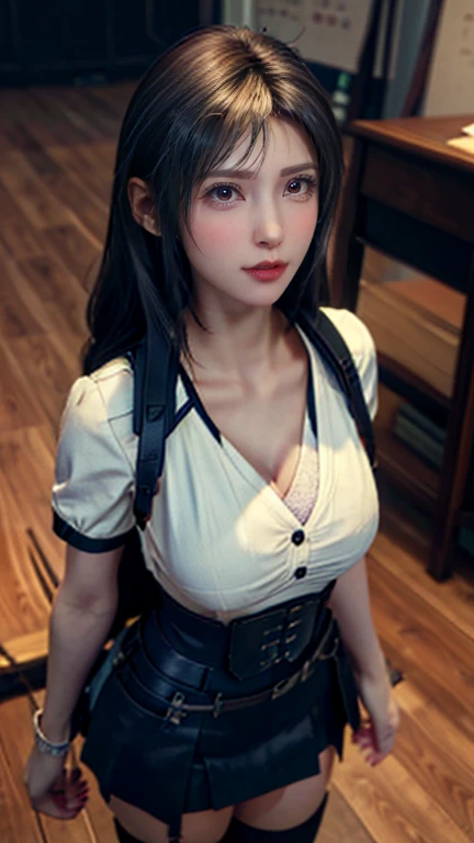 NSFW,(((masterpiece))), (((highest quality))), ((Super detailed)), ((Very delicate and beautiful)), 8K, HDR , Very delicate and beautiful, High resolution , Tifa Lockhart, 20-year-old, Ample breasts, Huge Breasts, Accurate human body, Shiny skin, Detailed eyes, Perfect Face, Highly detailed face and skin texture, Perfect body, Narrow waist , whole body, Are standing, The button on the blouse is undone, (Cleavage) , classroom, high school student, uniform, Glasses, White blouse, (Her chest is exposed:1.4), Navy blue mini skirt, White loose socks