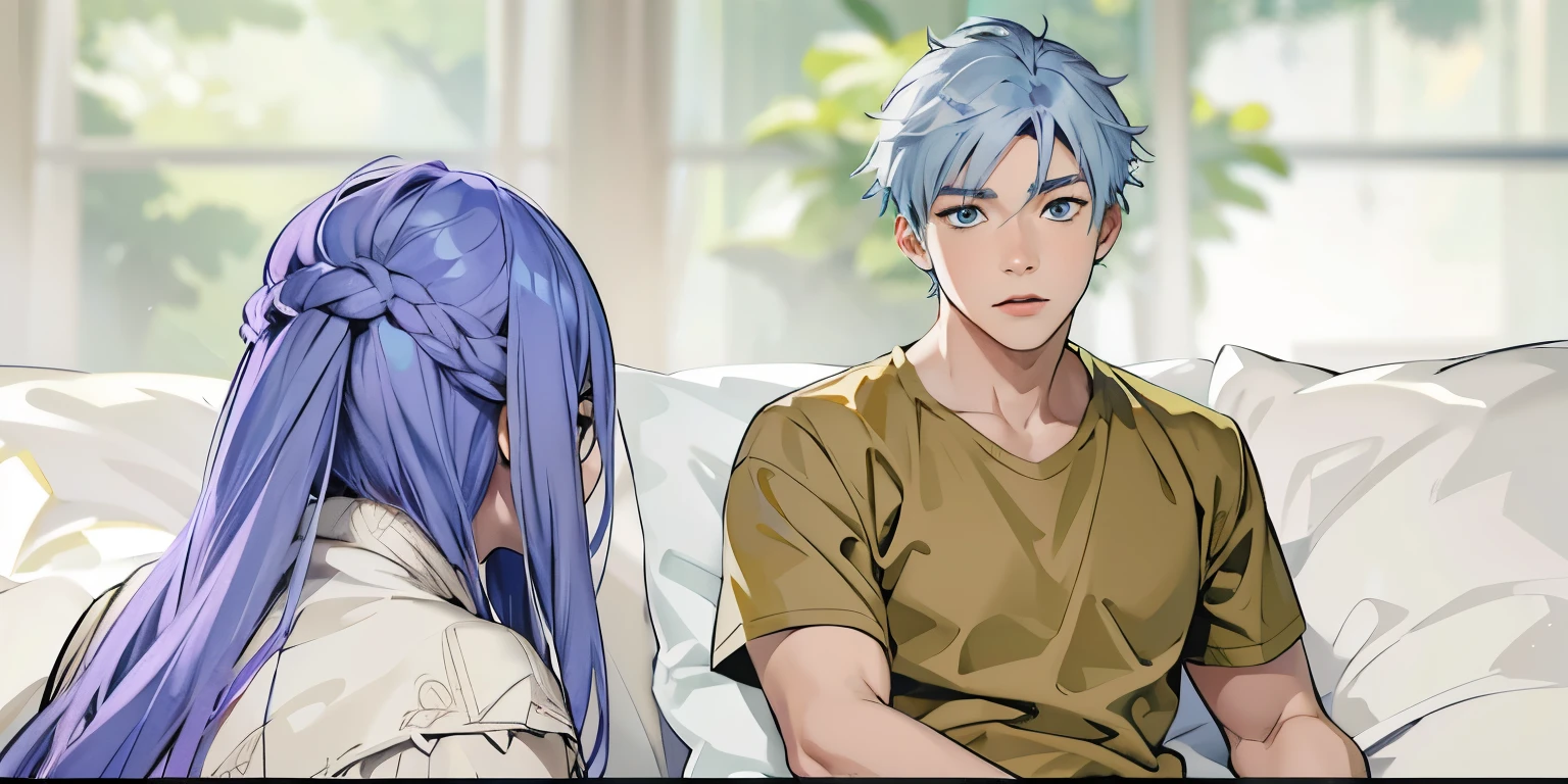estilo anime 2d, There is a blue-haired woman with her back turned and a 16-year-old boy, gray hair, blue eyes, speaking with his mouth open.