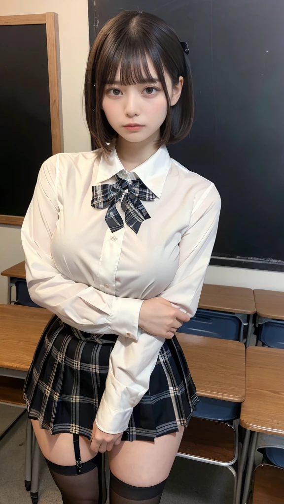 muste piece, best quality, illustration, Super detailed, fine details, High resolution, 8K,wall paper, perfect dynamic composition,(Details High quality, realistic depiction of eyes:1.3), (white school shirt :1.2), (plaid skirt :1.3), tie black, black thigh-high stockings, standing, open legs, short bob hair, in a classroom, blackboard in the background, deep on field, large breasts, black hair color, Big Natural Color Lip, (perfect body shape), crying a little、cold gaze, Harajuku style、30 year old girl、cute type、ta、beautiful legs, Gravure Idol