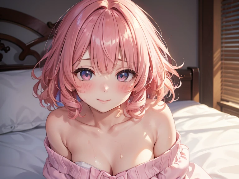 (One transcendent beautiful girl)、ultra-detailed、(8k, RAW photo, best quality, masterpiece:1.2), (extremely detailed 8k wallpaper),professional lighting,sharp focus, depth of field、(((Detailed and accurate face))),(head shot,)、fws,((Pink fluffy short bob、rainbow colored curl hair、Curly hair))、Flower Hair Ornaments、shoulder、Lightweight cardigan、Flare One Piece、Strapless、Off the shoulder、Resort hotels、bed、Sweat、Steam around the mouth、blush、Embarrassed、Smile lightly