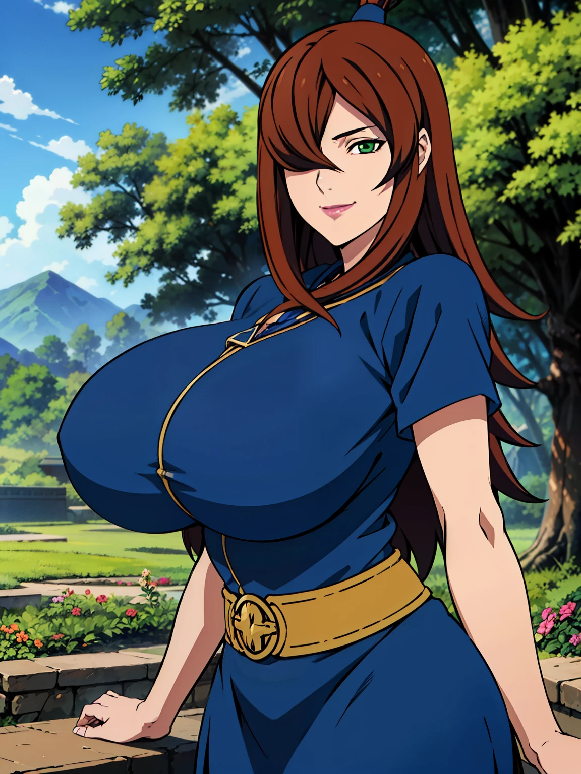 blue dress, garden background, Mei Terumi, anime cels style, best quality, high resolution, 1girl, (huge breasts:1.2), beautiful face, long hair, brown hair, green eyes, ((hair over one eye)), lipstick, cowboy shot, light smile