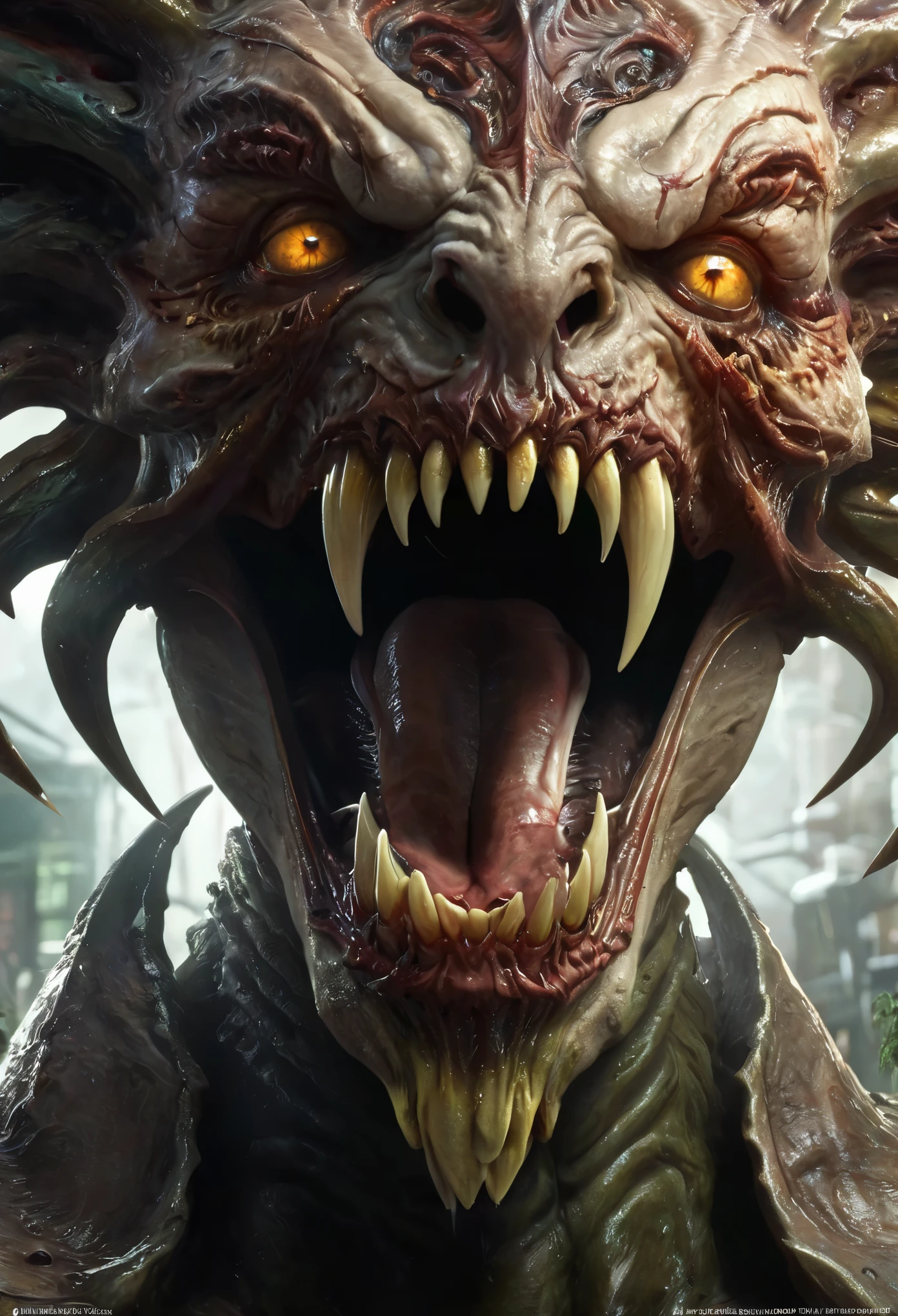 (best quality,4k,8k,highres,masterpiece:1.2),ultra-detailed,realistic,photorealistic:1.37, Close-up of a creature with a big mouth and sharp teeth, Creatures without eyes and noses、creature concept art, Monster concept art, creature design, realistic creature concept, Ultra-realistic fantasy monsters, concept creature character art, Horror concept art, Biohazard virus concept art, Terrifying creatures, cosmic Horror concept art, Demonic creatures, Demonic creatures