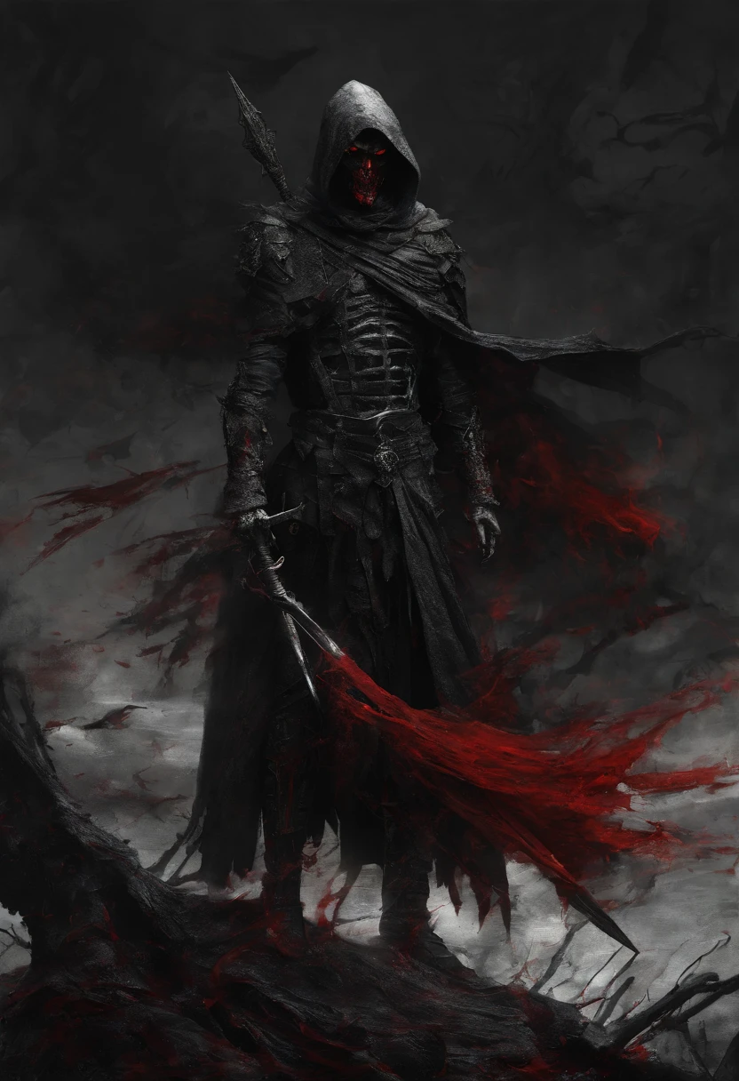 A dark spearman holding a red spear、Red scarf，A ruined world，He held up his spear.