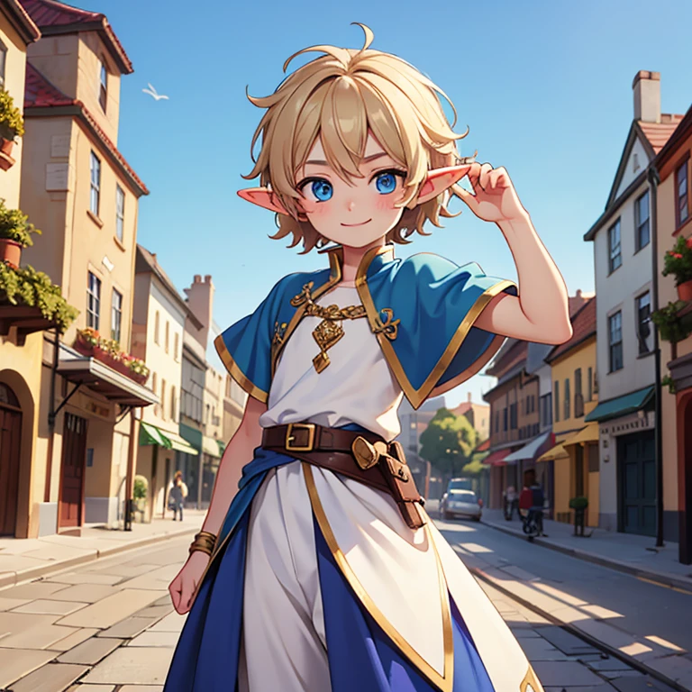 Beautiful, high quality, a 16 years old elf boy, twink body, blue eyes, cute face, messy hair, looking at the camera, smiling, wearing a medieval male style clothes, stand in a middle of street