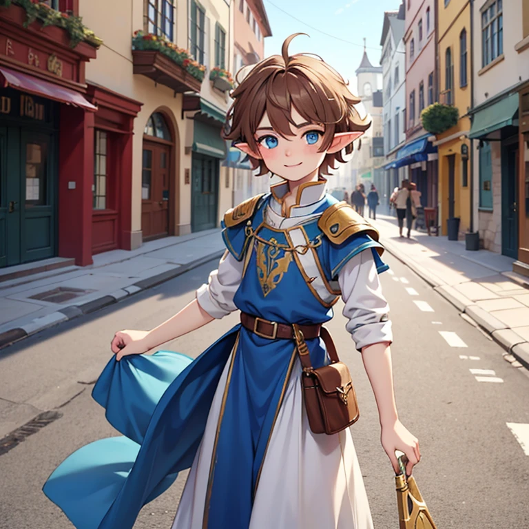 Beautiful, high quality, a  elf boy, twink body, blue eyes, cute face, messy hair, looking at the camera, smiling, wearing a medieval male style clothes, stand in a middle of street