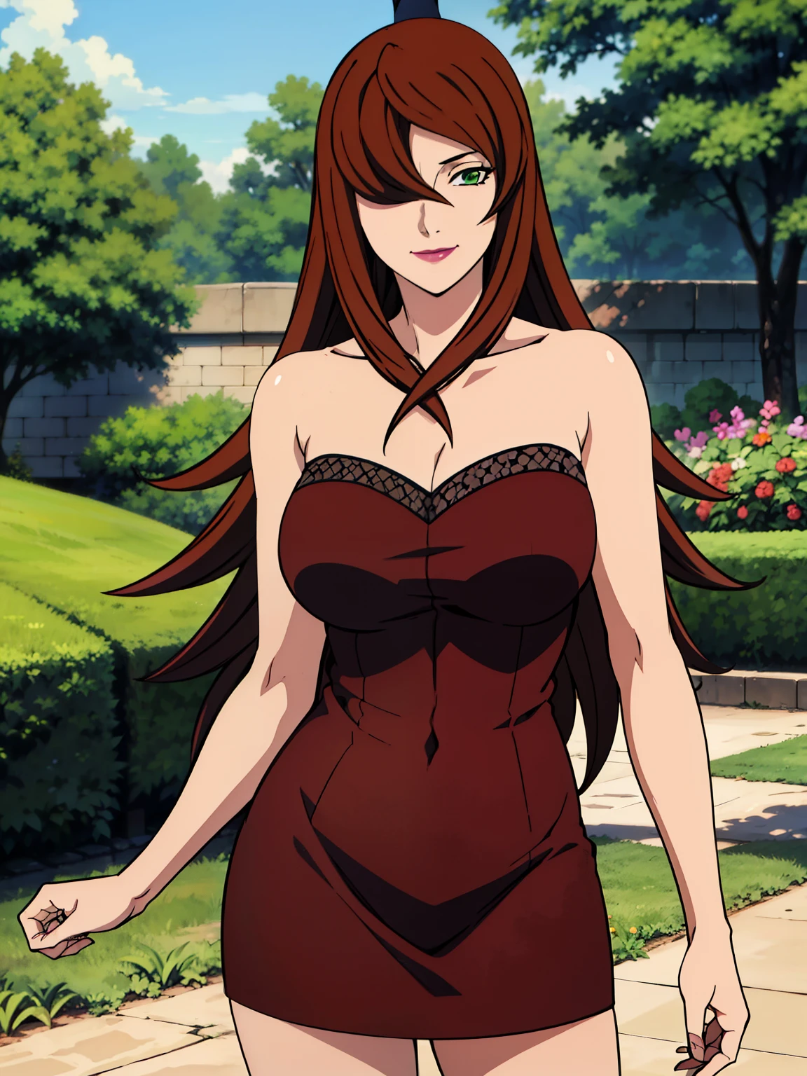 dress, garden background, Mei Terumi, anime cels style, best quality, high resolution, 1girl, (large breasts:1.2), beautiful face, long hair, brown hair, green eyes, ((hair over one eye)), lipstick, cowboy shot, light smile