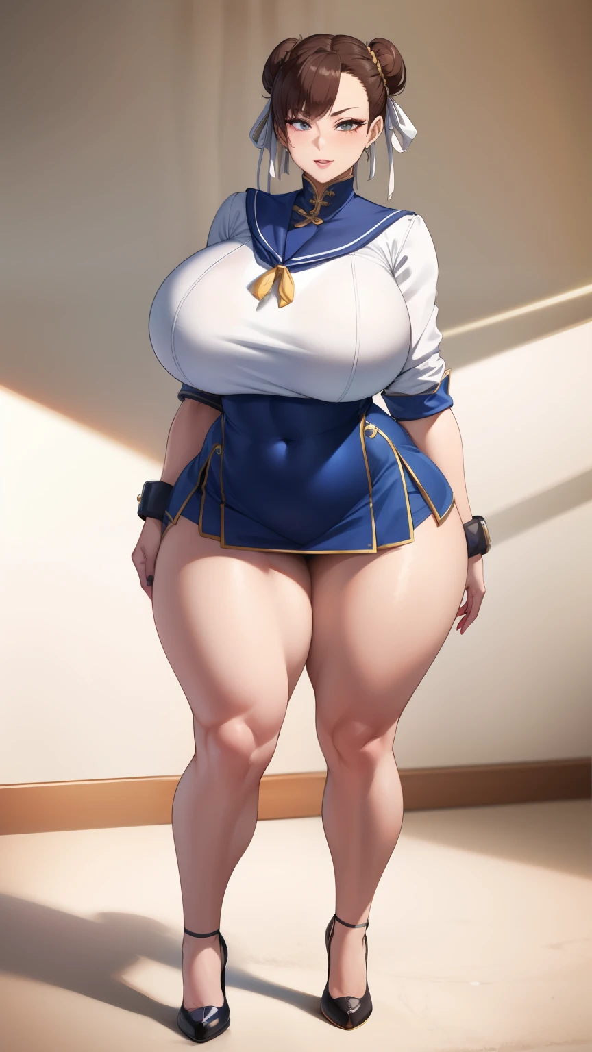 Big Breasts, Big Hips, Full Body Shot, Mature mother, Voluptuous thighs, Whole calf, Seductive mature woman, Perfect body, Plus Size Model, Sailor suit, Wearing high heels,Miniskirt Uniform, Chunli,