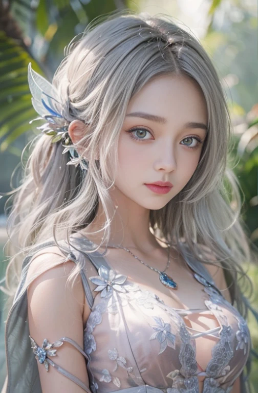 (masterpiece:1.3), (8k, Photorealistic, Raw photo, Best image quality: 1.4), Fair-skinned fairy woman、Long Haircut、, Cleavage:2.0、Super detailed face、Attention to detail、double eyelid、Put your chest together、Sharp focus:1.2、Beautiful woman:1.4、Silvery white hair、highest quality、masterpiece、超A high resolution、(Photorealistic:1.4)、Highly detailed and professionally lit smile、Loose, light, futuristic clothing、Shoulder out、thin、Serious expression、Short-haired、Deadly position, gorgeous accessories, one person 