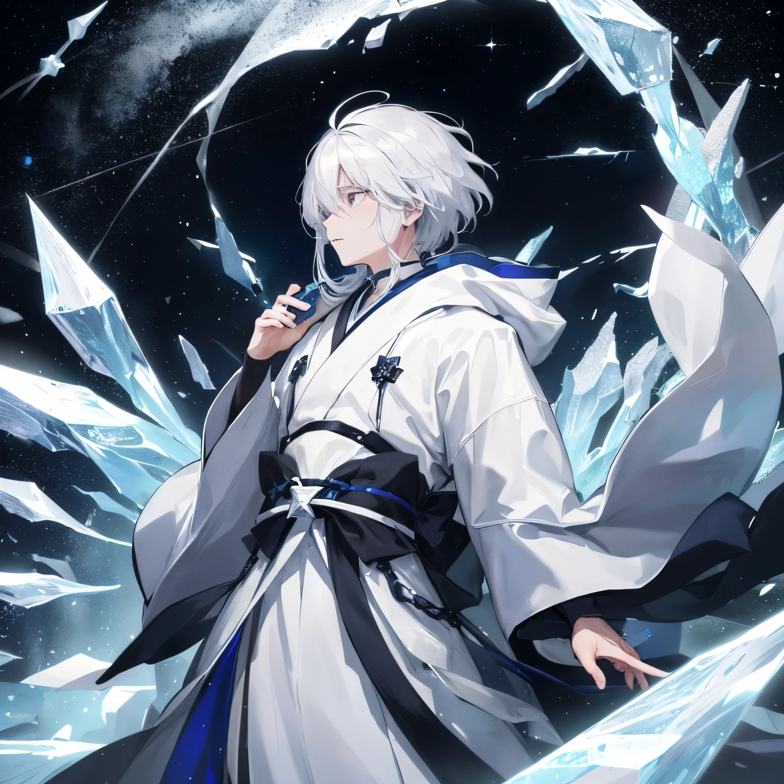 Amidst the stillness of a winter night, a solitary Japanese anime boy,A good woman, is engulfed in the radiance of the starry sky. His silvery white hair, like frozen starlight, contrasts sharply with his pitch-black outfit. Scattered around him are shards of white glass, evidence of a past transformation through the process of crystallization.

In the distance, the night sky is a stunning masterpiece where stars twinkle like diamonds, and the silence is broken only by the occasional appearance of a shooting star crossing the firmament. Each star is rendered with the highest quality, creating an almost surreal, breathtaking scene.

The boy