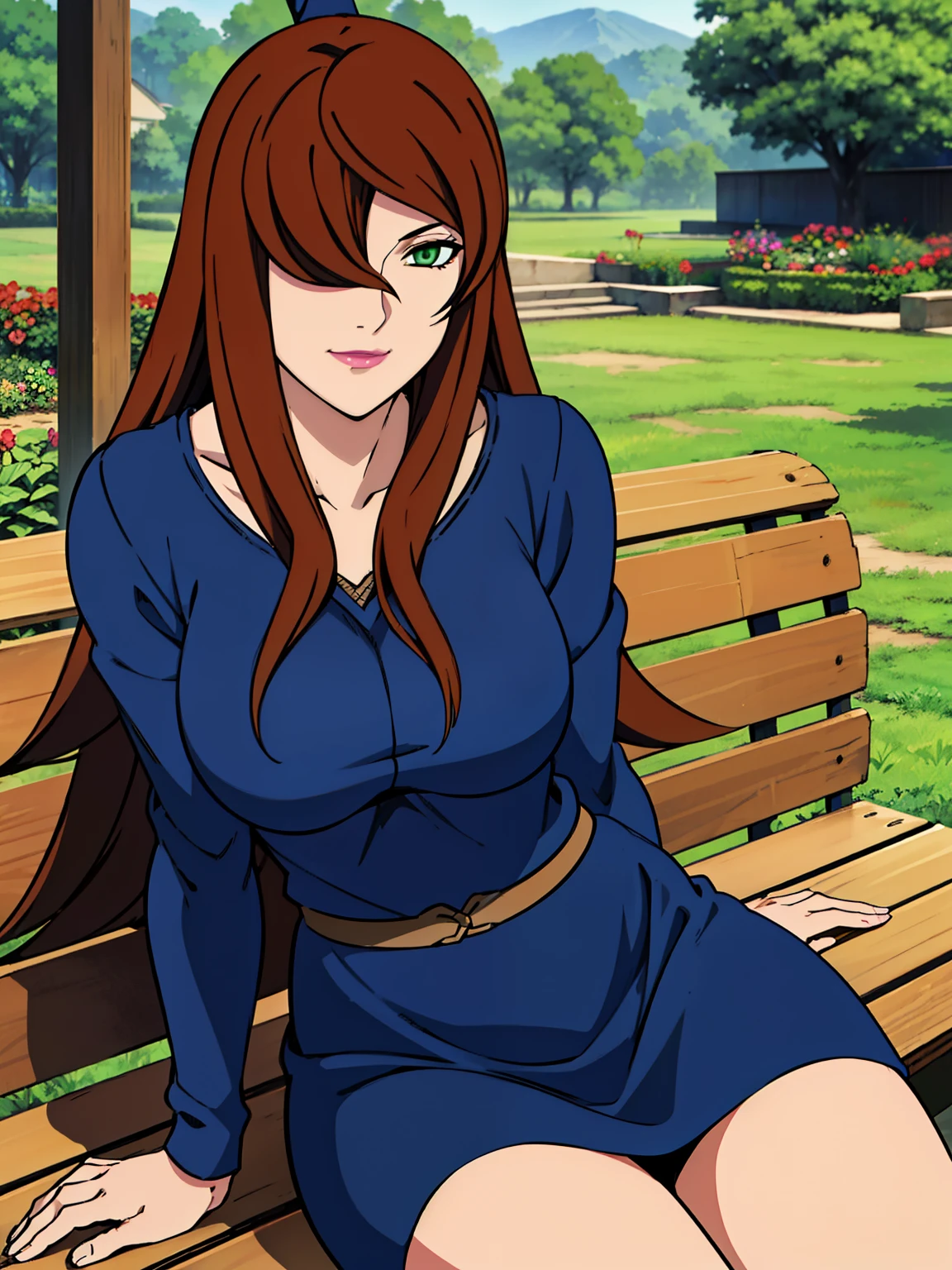 sitting on bench, casual dress, garden background, Mei Terumi, anime cels style, best quality, high resolution, 1girl, (large breasts:1.2), beautiful face, long hair, brown hair, green eyes, ((hair over one eye)), lipstick, cowboy shot, light smile