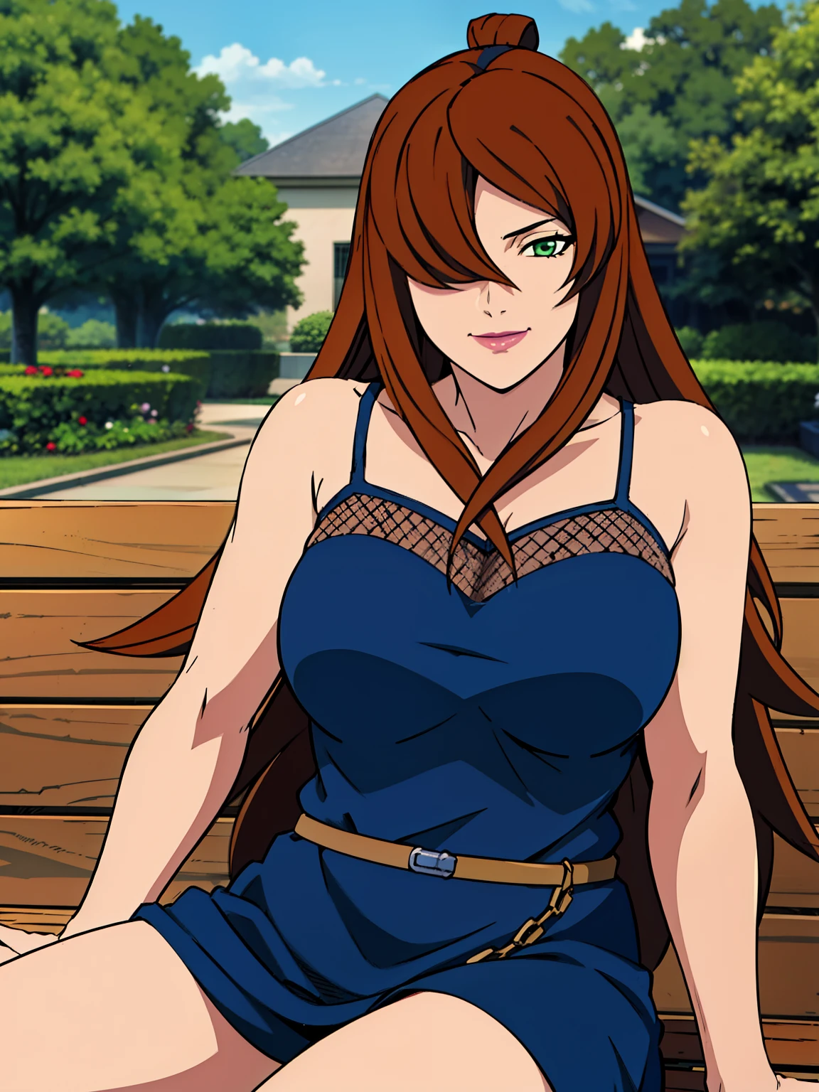 sitting on bench, casual dress, garden background, Mei Terumi, anime cels style, best quality, high resolution, 1girl, (large breasts:1.2), beautiful face, long hair, brown hair, green eyes, ((hair over one eye)), lipstick, cowboy shot, light smile