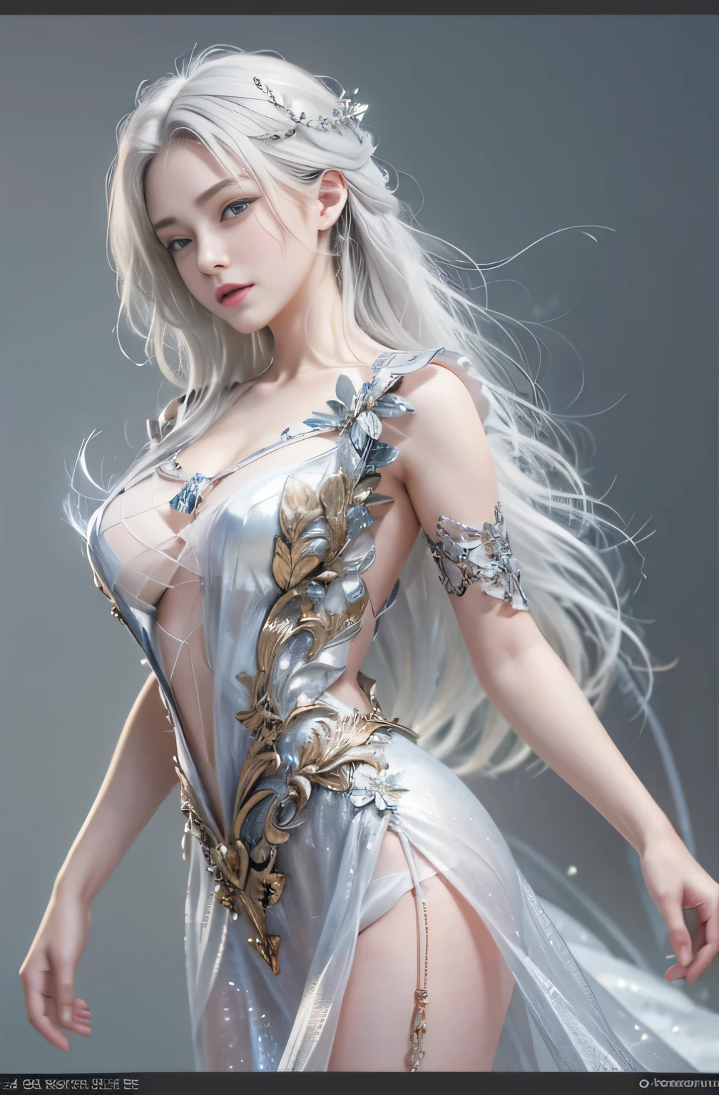 (masterpiece:1.3), (8k, Photorealistic, Raw photo, Best image quality: 1.4), Fair-skinned fairy woman、Long Haircut、age11, Cleavage:2.0、Super detailed face、Attention to detail、double eyelid、Put your chest together、Sharp focus:1.2、Beautiful woman:1.4、Silvery white hair、highest quality、masterpiece、超A high resolution、(Photorealistic:1.4)、Highly detailed and professionally lit smile、Loose, light, futuristic clothing、Shoulder out、thin、Serious expression、Short-haired、Deadly position, gorgeous accessories, one person