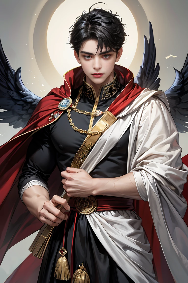 
masterpiece, 最high quality, high quality, 1 boy, alone, male focus, looking at the viewer,  Messy black hair, blue adorable big eyes, white people, Noble, Noble, beautiful angel、A very big, very big, very big, very long, long red and black cape made with a lot of fabric that reaches all the way down to the floor, 17 years old,cute beautiful boy,cute cute handsome boy