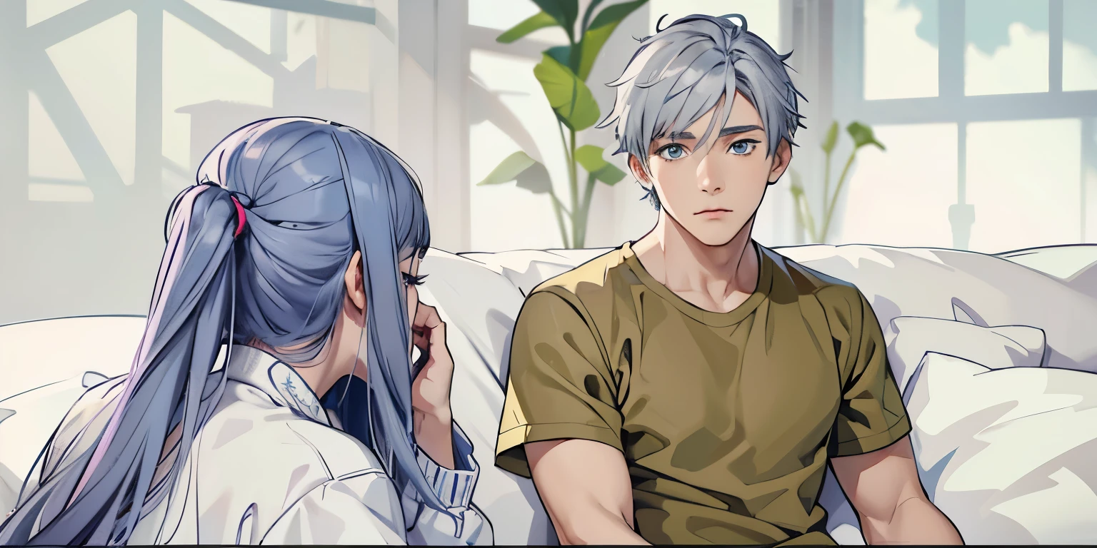 estilo anime 2d, There is a woman with gray hair, her back is turned, and a 16-year-old boy with gray hair, blue eyes, is talking, he is sad.