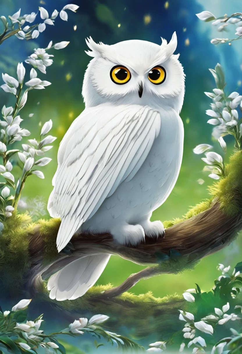 (一只Pure White色的猫头鹰), （The owl occupies 70% of the screen.%%）， (Pure White owl: 1.37), Pure White owl, Pure White owl,  The owl's face is round, (Big blue eyes: 0.8), Big eyes, Short, curved beak, Thick, Pure White，Hat feather, This is a unique and beautiful creature.，The magic and wisdom of nature are fully revealed