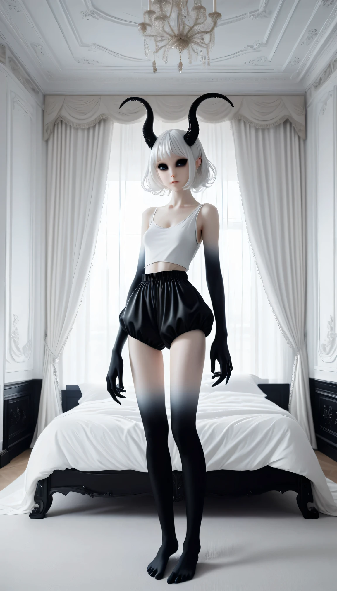 Pale skin demon girl, Wearing a white top and black bubble shorts, In the breathtaking bedroom , ( Black gradient arms and legs:1) , white hair , A realistic Baroque bedroom with plenty of light, White canopy above the bed, White curtains, Damask pattern, Intricate detailss, Vittorio Matteo Cocos (Vittorio Matteo Corcos) style, Intricate details