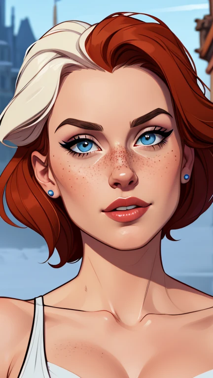 Beautiful GTa style pose in portrait mode Cartoon character in dynamic pose two women together with freckles on their faces Disney princess Queen Anna of Arendelle with 1,60cm on the left and along with a symmetrical body and beautiful breasts, corpo bem definido, delicado e sensual, estilo de desenho animado, digital illustration GTA style portrait mode