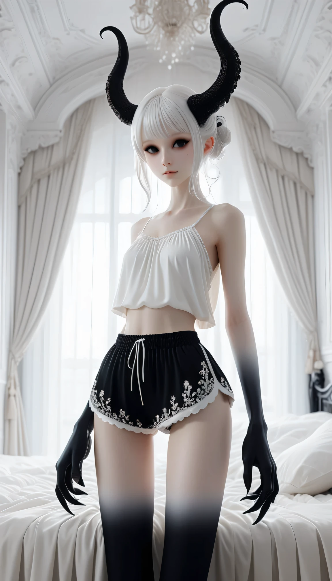 Pale skin demon girl, Wearing a white top and black bubble shorts, In the breathtaking bedroom , ( Black gradient arms and legs:1) , white hair , A realistic Baroque bedroom with plenty of light, White canopy above the bed, White curtains, Damask pattern, Intricate detailss,    Vittorio Matteo Cocos (Vittorio Matteo Corcos) style, Intricate details