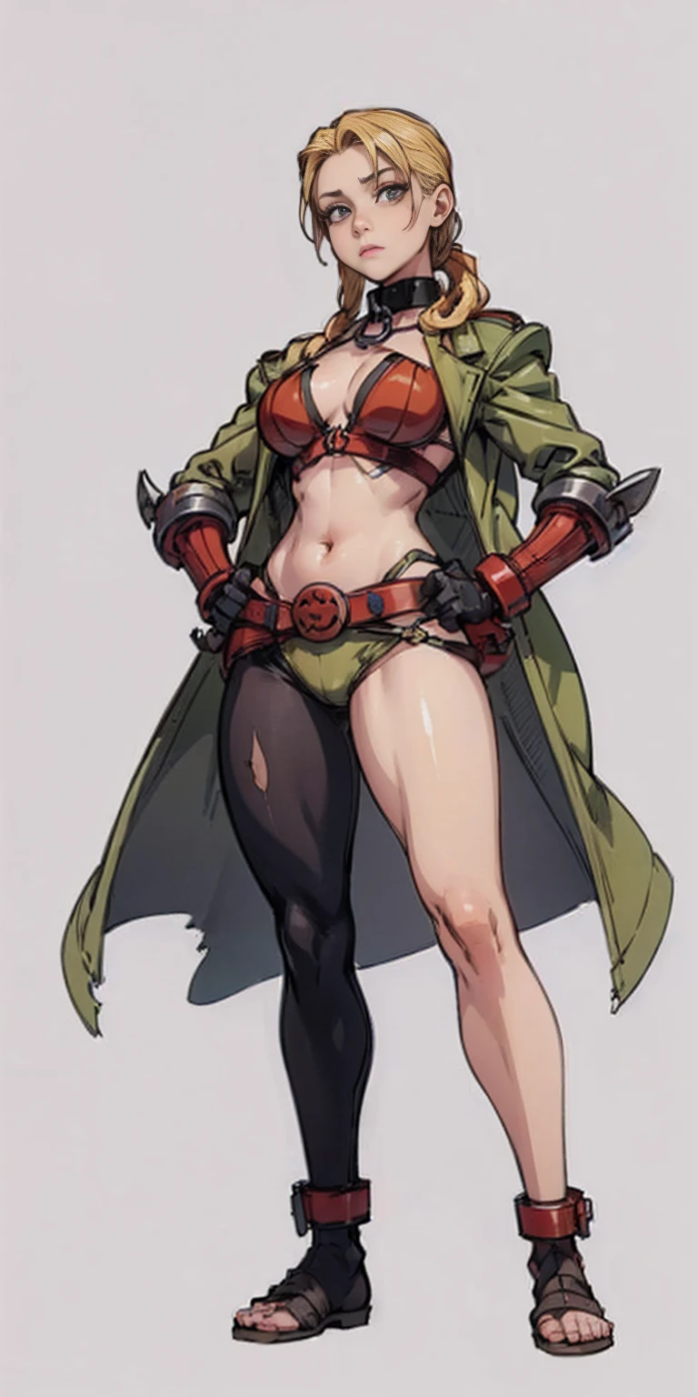 ((Plain background 1:2)) (Cammy White Street Fighter 6) Female full body standing straight symmetrical looking to the viewer RED full body armored (handcuffs, shackles, rerebrace, faulds, poleyn, gauntlets, leather collar choker) big belt under belly button, navel, belt over belly button, ((hands on hips)), loincloth, pinched eyes, (big-:1.5) thin legs, thin body, view from below, wide hips