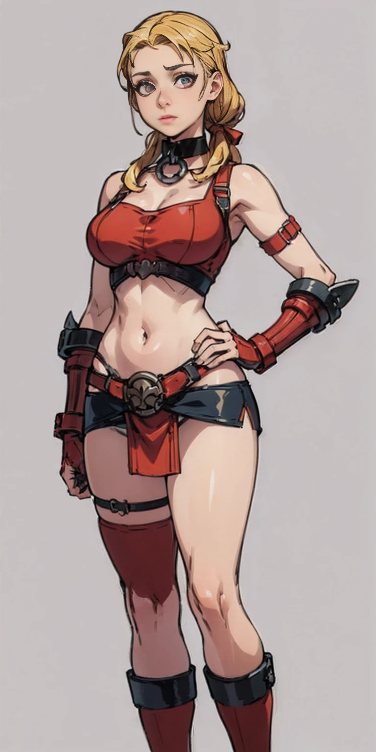 ((Plain background 1:2)) (Cammy White Street Fighter 6) Female full body standing straight symmetrical looking to the viewer RED full body armored (handcuffs, shackles, rerebrace, faulds, poleyn, gauntlets, leather collar choker) big belt under belly button, navel, belt over belly button, ((hands on hips)), loincloth, pinched eyes, (big-:1.5) thin legs, thin body, view from below, wide hips