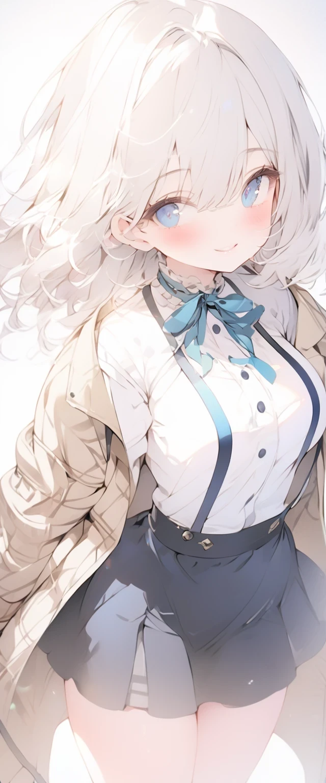 highest quality)), ((masterpiece)),Perfect Face((highest quality))cute,beautiful girl,Pure white hair,bangs,Medium Hair、Blue Eyes.1 person 1.1、Cute, Short Hair、Beautiful eyes,Healthy Body、Beautiful breasts、8K、wallpaper、Thighs、heart、Short skirt、slender、Small face、smile、standing、See-through、Flared sleeves、Blue suspender skirt、Beige checked half coat、Frilled White Shirt、Thighs、Waiting for a kiss