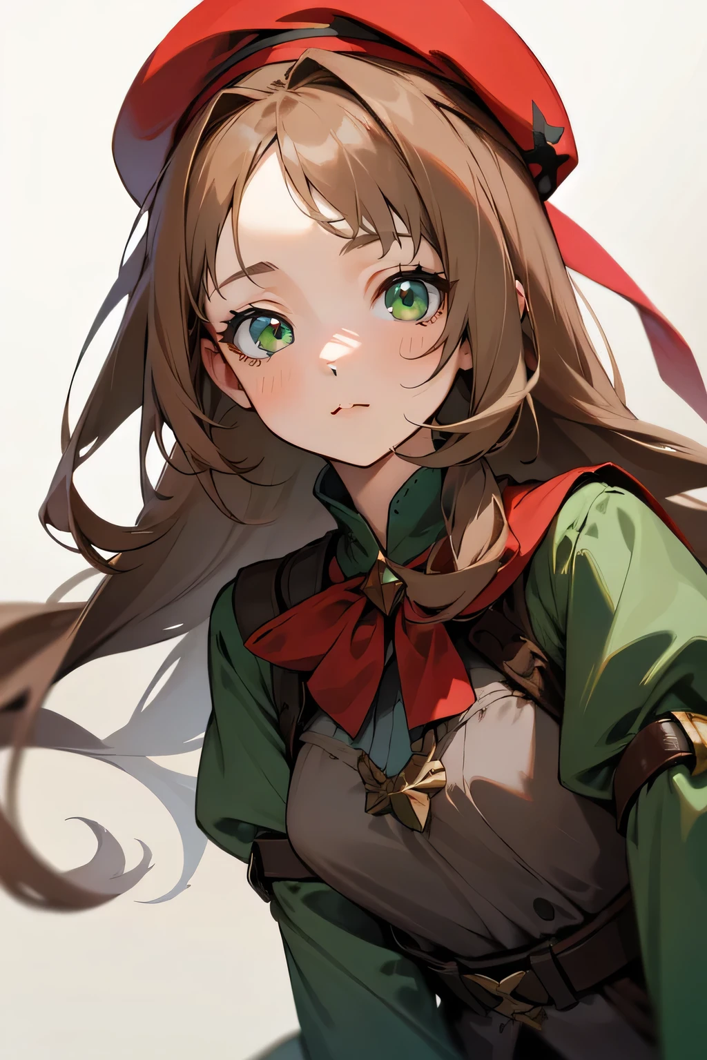 1girl, plain appearence, long light brown hair, green eyes, red beret, grey blouse, bored, fantasy