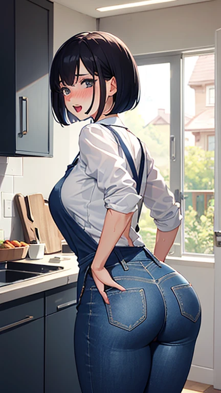 (girl in skinny tight light blue jeans), (long jeans), (apron), standing, kitchen, from behind, stick out ass, slim, slender, 28 years old, short bob cut, black hair, nose blush, wet eyes, round mouth, open mouth, drool, hard sweat, big ass, (2D), (((sfw))), cameltoe