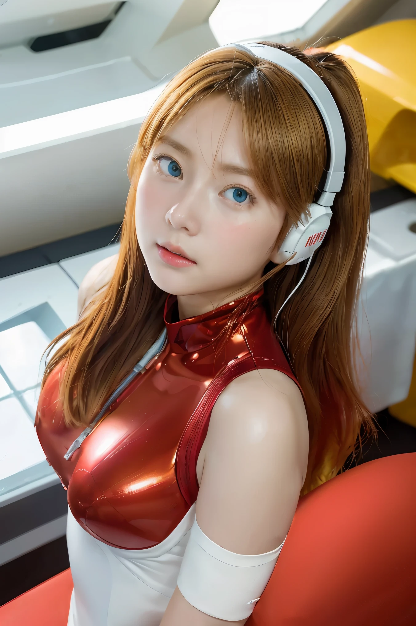 (Overhead view),dynamic angle,ultra-detailed, illustration, close-up, straight on, 1girl, 
 ((souryuu asuka langley, interface headset, red bodysuit:1.4, blonde)),Her eyes shone like dreamy stars,(glowing eyes:1.233),(beautiful and detailed eyes:1.1),(expressionless,closed mouth),(standing), 
(mechanic room with toolsand spaceship windowin a white SPACESHIP),
(night:1.2),dreamy, [[delicate fingers and hands:0.55]::0.85],(detail fingers),