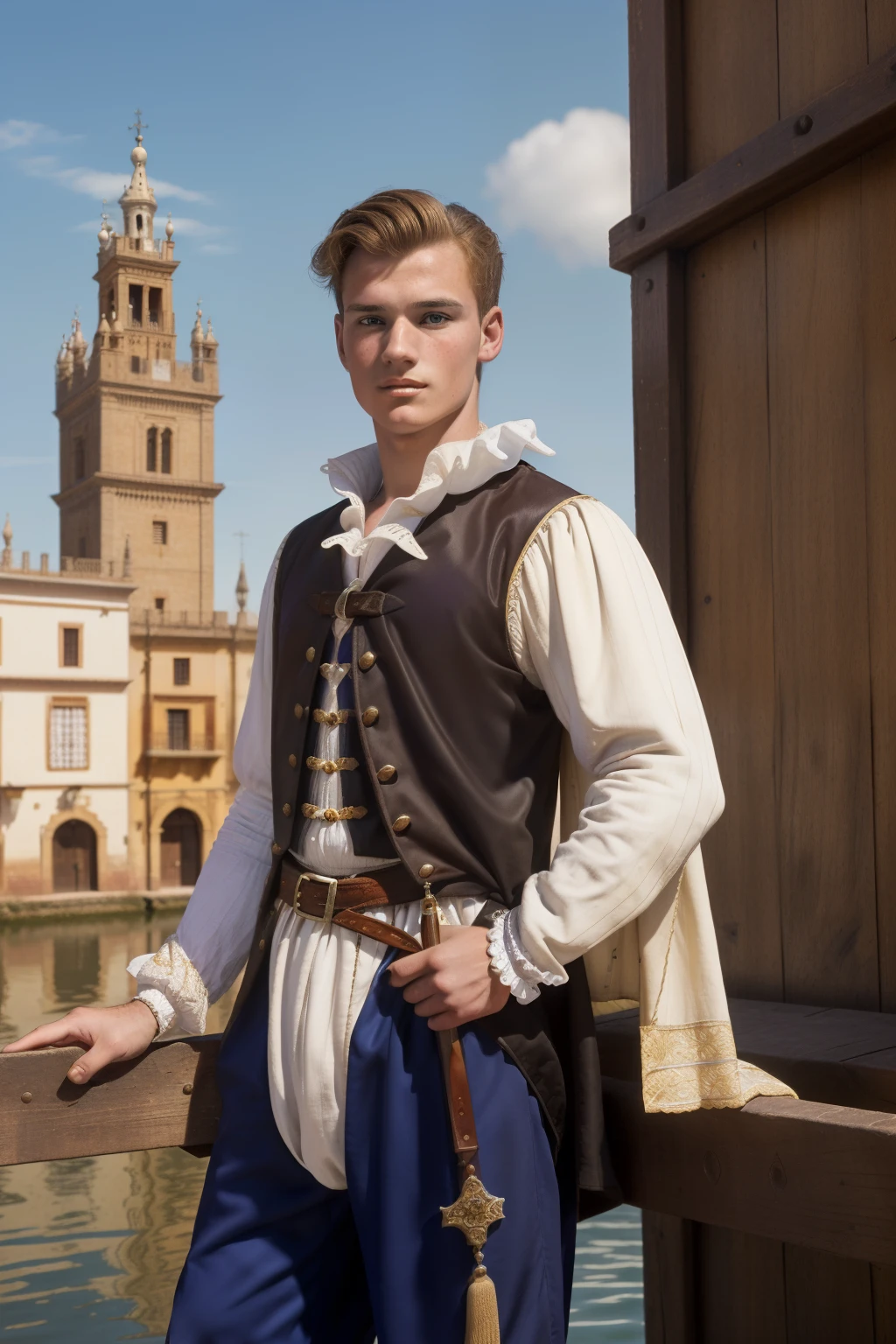 Seville, 1558. A young ((((20-year-old)) Barney Willard)), brave, handsome, stalwart, well-groomed, in a dock, ((((clothings from the 1550s)))), ((light blonde hairstyle of the 1550s)), colorful