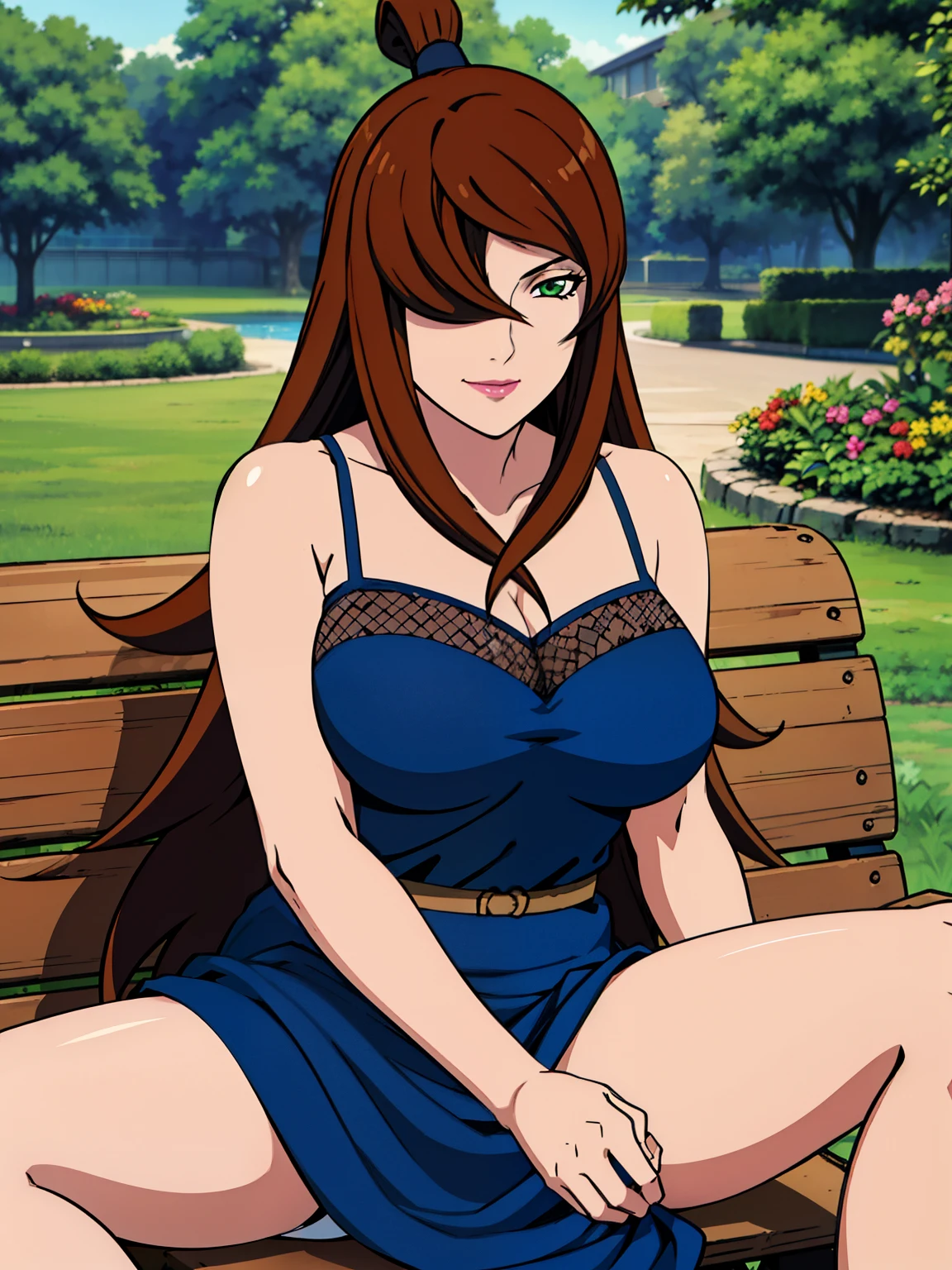 sitting on bench, blue dress, spread her legs, white panties, garden background, Mei Terumi, anime cels style, best quality, high resolution, 1girl, (large breasts:1.2), beautiful face, long hair, brown hair, green eyes, ((hair over one eye)), lipstick, cowboy shot, light smile