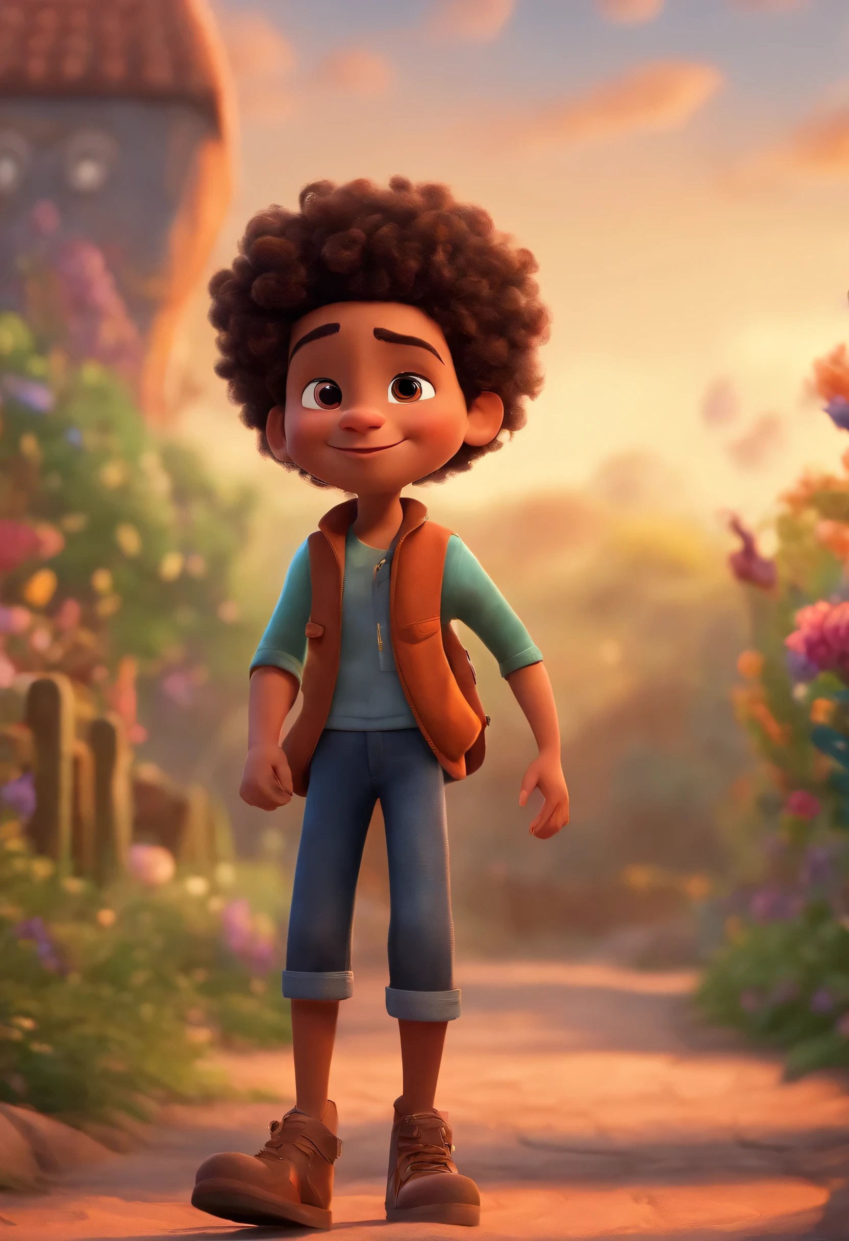 Image of a boy for a story in a YouTube video in Pixar format, He's the little alabester, He's the leader of the class, He is extroverted, Playful and stands up for many things, cabelo curto