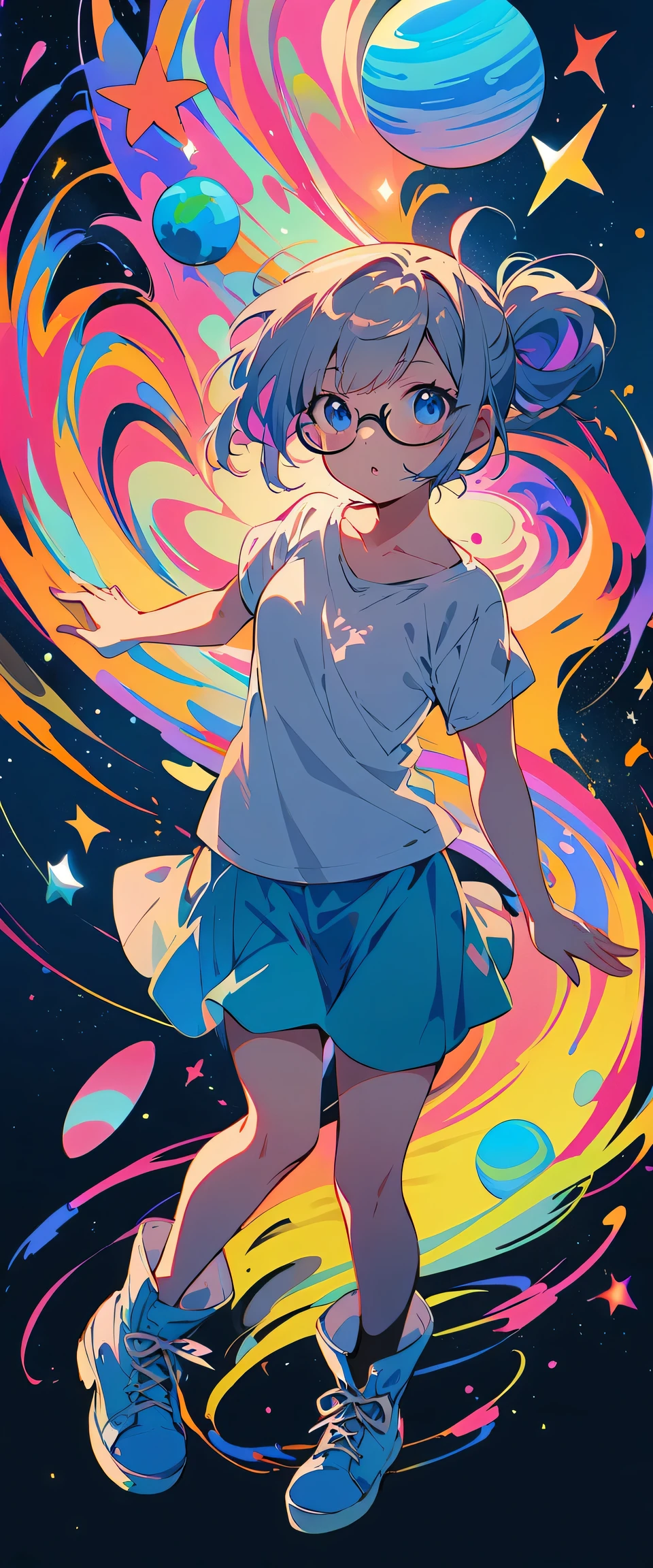 Stars and planets floating in outer space, 1 Girl Skin, Small Breasts, Wearing thick-framed glasses, Highlights her facial features, short hair, Ponytail and Gray, silver shirt, She wore another tight shirt underneath her shirt, Bright colors, and blue skirt high-top non-slip sole boots