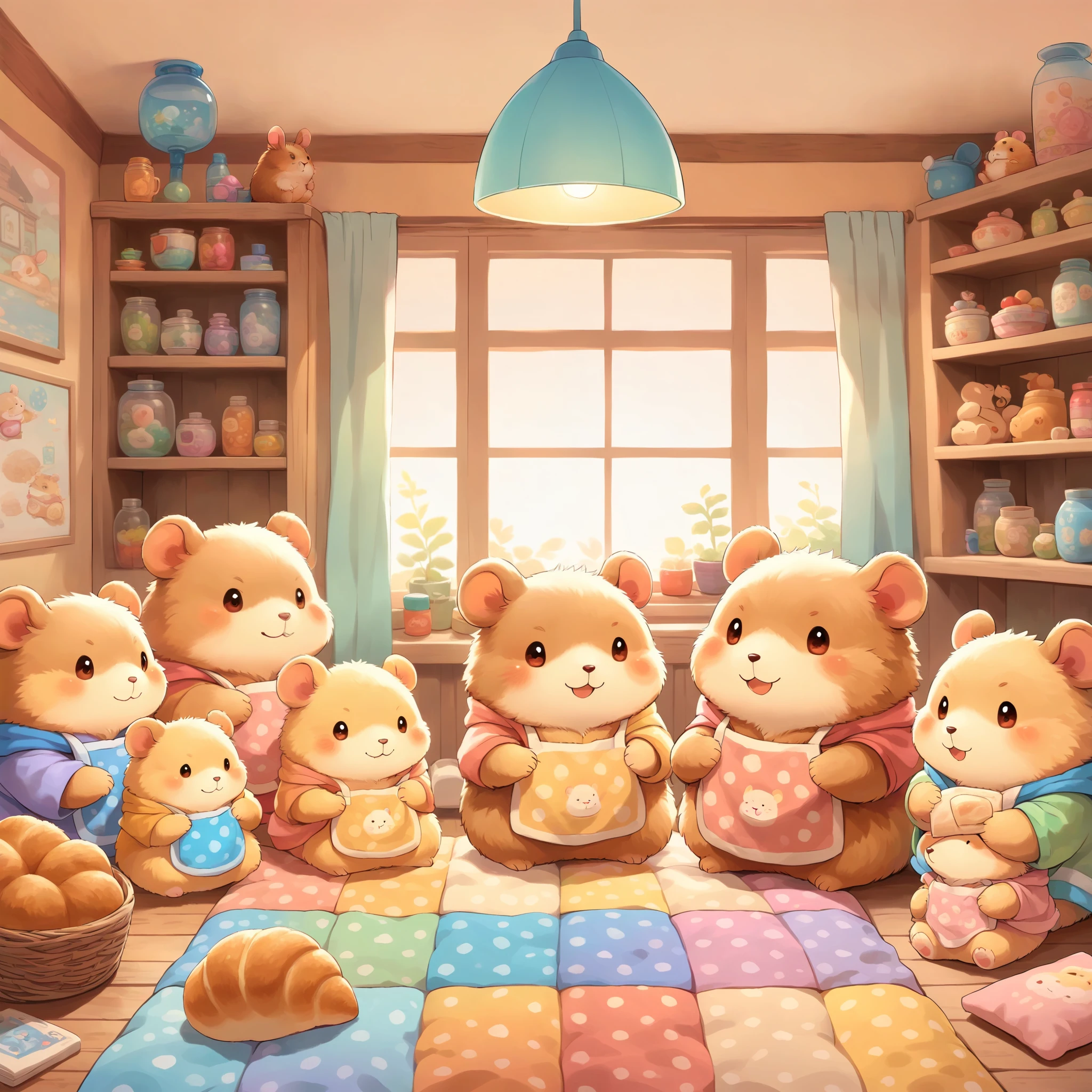 cuteAn illustration,hamsterベーカリー,hamsterの親子:animal:cute:Get close:sleep:Comfortable and warm:looks happy,An illustration,pop,colorfulに,color,dim,Lamp light,hamsterの親子が眠っています:dream happy dreams,The room is warm and full of happiness.,,colorful,Fancy,Fantasy,patchwork:quilt,detailed details,fluffy,Randolph Caldecott Style,hamster,最高にcutehamster,fluffyhamster,豊富なcolor,Cast colorful spells,concentrate,Optimal Configuration,Perfect composition,accent,子供が喜ぶAn illustration,For children,Feel warm,wonderful like a dream,幸せで楽しそうなhamster達,The kids's Toys,dance,The kids&#39;My Room,Group photo,a bit,Cast colorful spells,Shine,bread,hamsterベーカリー,bread屋,breadを平らなお皿に並べる,普通のbread,フランスbread,Croissant,apron,Cook&#39;Have