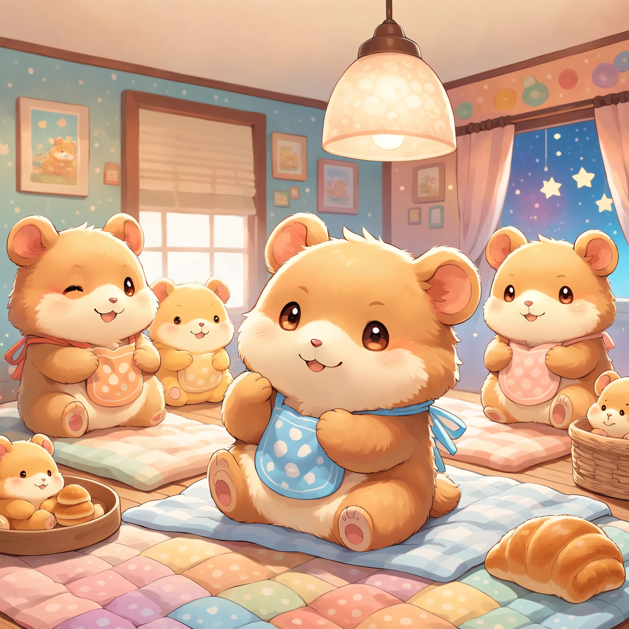 cuteAn illustration,hamsterベーカリー,hamsterの親子:animal:cute:Get close:sleep:Comfortable and warm:looks happy,An illustration,pop,colorfulに,color,dim,Lamp light,hamsterの親子が眠っています:dream happy dreams,The room is warm and full of happiness.,,colorful,Fancy,Fantasy,patchwork:quilt,detailed details,fluffy,Randolph Caldecott Style,hamster,最高にcutehamster,fluffyhamster,豊富なcolor,Cast colorful spells,concentrate,Optimal Configuration,Perfect composition,accent,子供が喜ぶAn illustration,For children,Feel warm,wonderful like a dream,幸せで楽しそうなhamster達,The kids's Toys,dance,The kids&#39;My Room,Group photo,a bit,Cast colorful spells,Shine,bread,hamsterベーカリー,bread屋,breadを平らなお皿に並べる,普通のbread,フランスbread,Croissant,apron,Cook&#39;Have