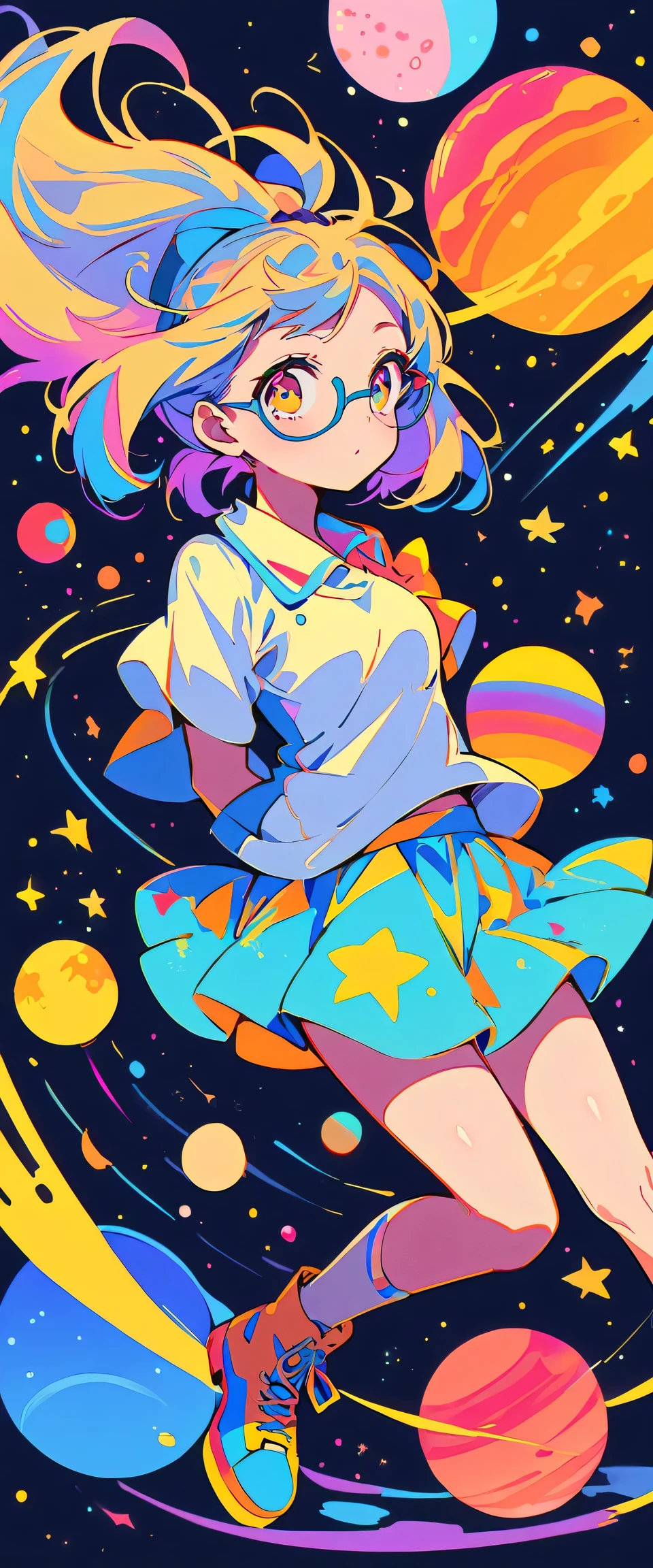 Stars and planets floating in outer space, 1 Girl Skin, Small Breasts, Wearing thick-framed glasses, Highlights her facial features, short hair, Ponytail and Gray, silver shirt, She wore another tight shirt underneath her shirt, Bright colors, and blue skirt high-top non-slip sole boots