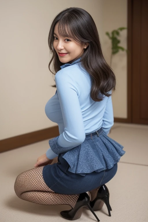 (8k, RAW Photos, highest quality, masterpiece:1.2), Super Resolution, (Realistic, Realistic Photo:1.37), whole body, 頭からつま先までwhole body, High-resolution RAW color photos, Professional photos, Very detailed, 8k wallpaper, Very detailed美少女, Very detailed顔, Very detailed目, Very detailed肌, Very detailed指, Very detailed鼻, Very detailed詳細な口 , Very detailedな脚, Perfect Anatomy, Very detailed背景, Very detailed衣服, 1 girl, (18:1.2), Age 25,  Fair skin, Oily and shiny skin , Curly Hair, (bangs:1.2), smile, Cute Face, Realistic face, Transparent T-shirt, Micro Mini Skirt, Squat with your butt facing the camera, Dynamic Lighting, Very large breasts, stockings, High heels
