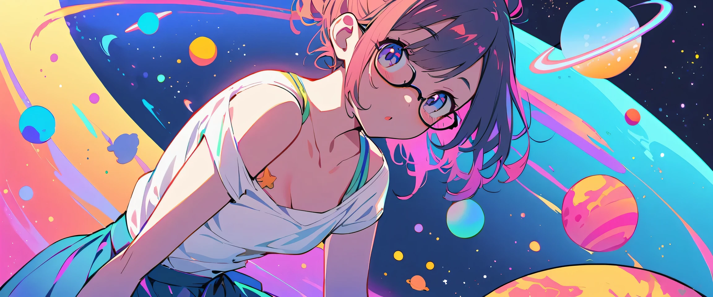 Stars and planets floating in outer space, 1 Girl Skin, Small Breasts, Wearing thick-framed glasses, Highlights her facial features, short hair, Ponytail and Gray, silver shirt, She wore another tight shirt underneath her shirt, Bright colors, and blue skirt high-top non-slip sole boots