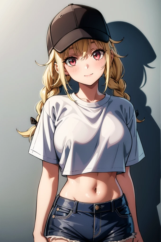 (((grayscale)))(masterpiece:1.2, best quality), (graffiti wall:1.15), super fine illustration,vibrant colors, masterpiece, sharp focus, best quality, depth of field, cinematic lighting,ultra detailed,1girl,solo,white shirt,crop top,midriff,denim shorts,large breasts,medium hair,silver hair,red eyes,blush,smile,street,Eiko Tsukimi, blue eyes, braid, twin braid,(((blonde hair))),baseball cap,