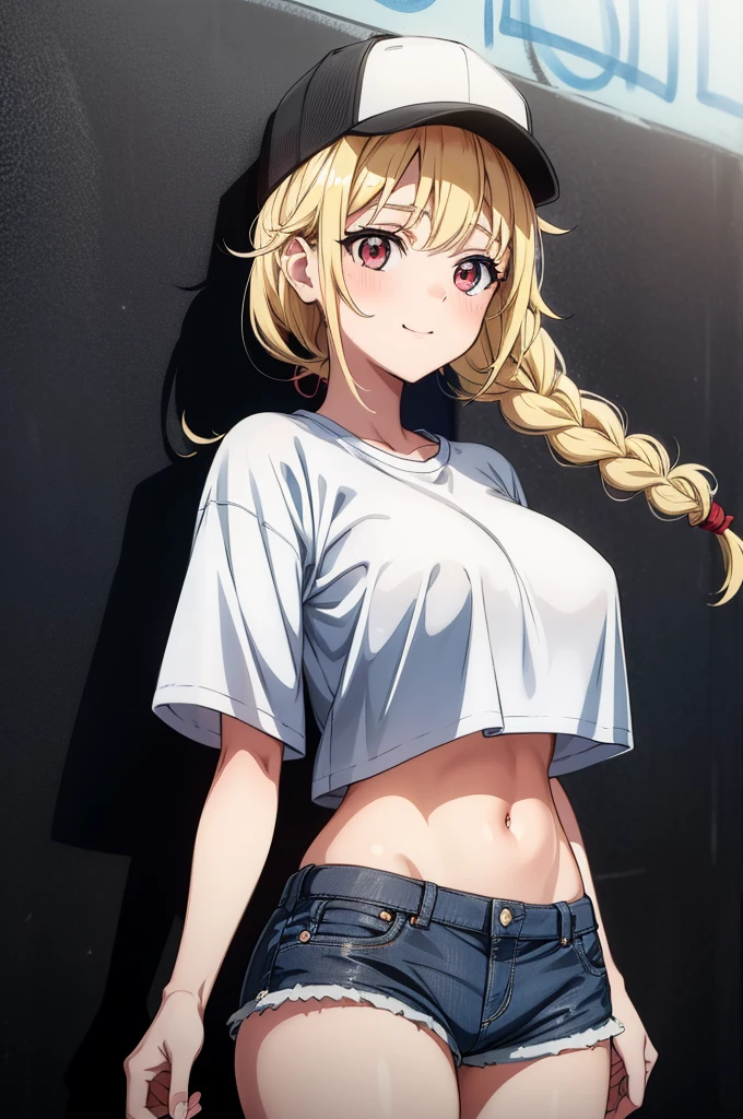 (((grayscale)))(masterpiece:1.2, best quality), (graffiti wall:1.15), super fine illustration,vibrant colors, masterpiece, sharp focus, best quality, depth of field, cinematic lighting,ultra detailed,1girl,solo,white shirt,crop top,midriff,denim shorts,large breasts,medium hair,silver hair,red eyes,blush,smile,street,Eiko Tsukimi, blue eyes, braid, twin braid,(((blonde hair))),baseball cap,