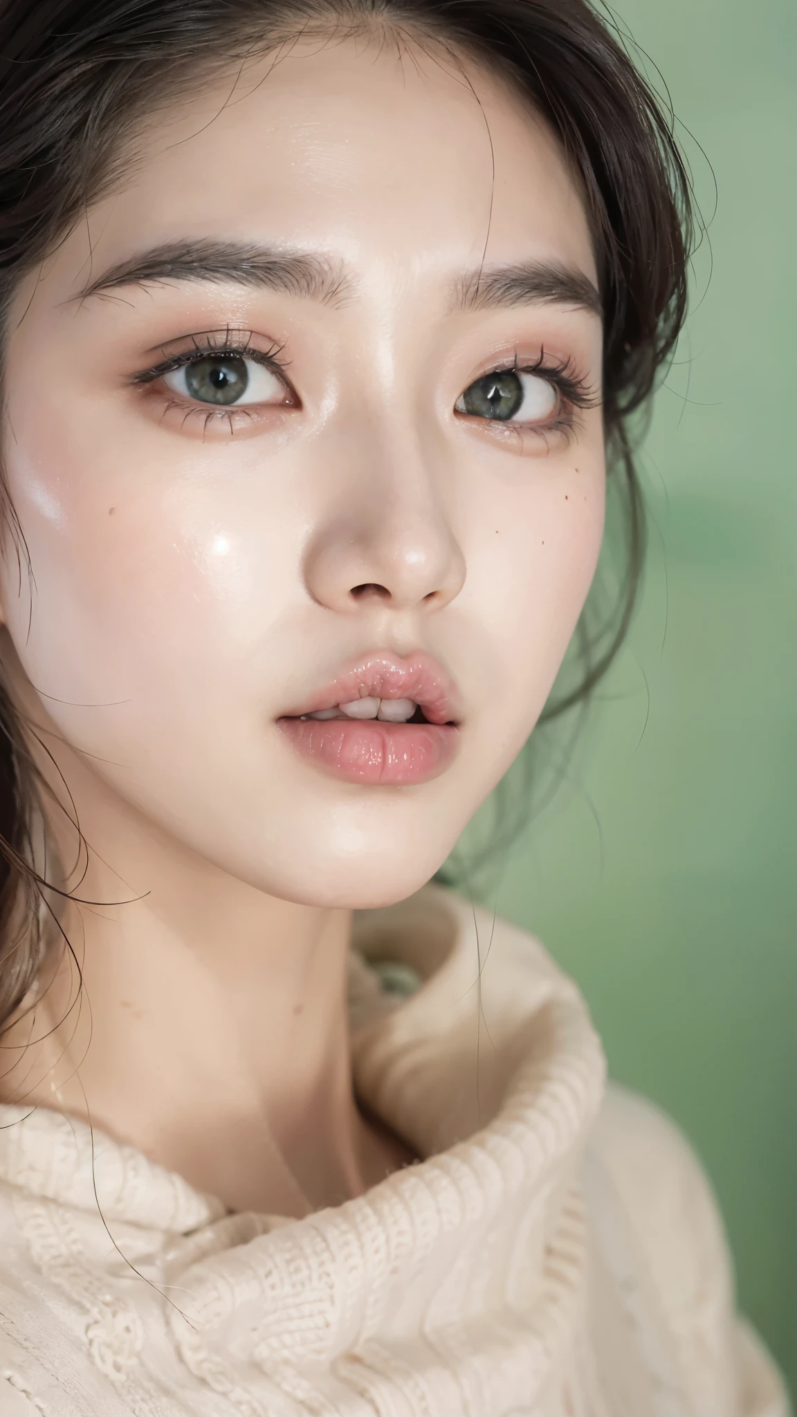 A photo of a Korean woman. Fits your face. 25 years old, sharp chin, raw photo, masterpiece, highly detailed photo, DSLR, photorealistic 3.9, ultra high resolution, top quality, pink lips, perfect makeup, big, bright green eyes, white