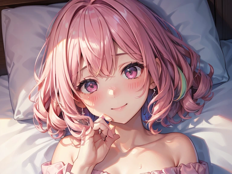 (One transcendent beautiful girl)、manaka komaki、ultra-detailed、(8K, RAW photo, best quality, masterpiece:1.2), (extremely detailed 8K wallpaper),professional lighting,sharp focus, depth of field、(((Detailed and accurate face))),(((head shot)))、nfws,((Pink short bob、Fluffy curly hairy、Rainbow colored inner curl hair))、((Highest quality)), ((masterpiece)), ((Perfect Face))、((Just before climax、orgasm、Blushed、Ecstasy face、Ahegao))、((Close your eyes tightly))、((Raise your hands)),((Vertical motion effect))、pillow
