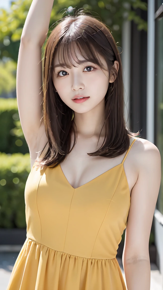 The cutest gravure idol pose in the world、Perfect proportions、Large Breasts, valley, cute、((18-year-old female:1.2))、Young and adorable Japanese face，Official Art，Highly detailed CG Unity 8k wallpaper，（masterpiece:1.0),(highest quality:1.0), 超A high resolution,4k,Very detailed, photo shoot, 8K, nffsw, High resolution, Kodak Portrait 400, Film Grain, Lens Flare Glow,高いest quality,8K,nffsw:1.2),Portrait Shot,8K、Show your side、Raise your arms high in the air and cheer。Yellow dress。