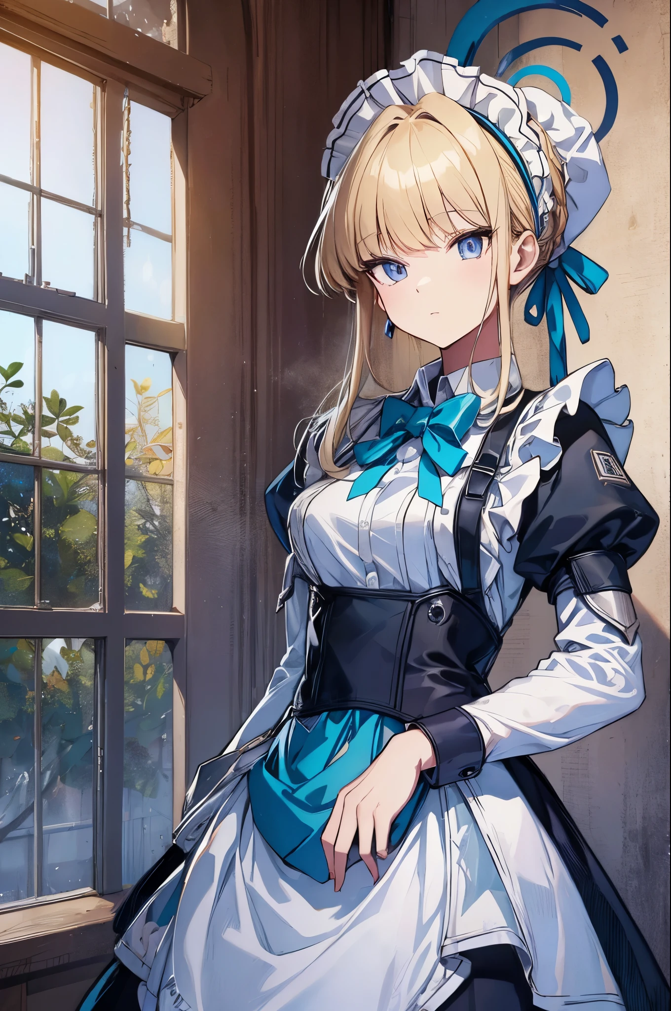 (cowboy shot:1.3),blonde hair,halo,blue eyes,tokidef, maid, maid headdress, maid apron, blue bow,masterpiece,Noise Reduction,perfect anatomy,high resolution, ultra-detailed,game cg,dutch angle ,beautiful detailed eyes,visualart,five fingers, perfect hands, perfect lighting,