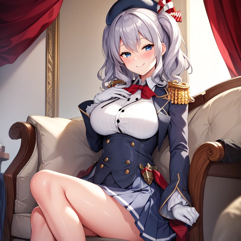 (masterpiece, best quality:1.2),Smirk,One hand touched his chest,illustration,8k,HD,1 Girl,Solitary,portrait,blush,Gray hair,blue eyes,curls,Double tail,Crane plum,Berets,Epaulettes,Ruffled sleeves,jacket,Large Breasts,Long sleeve,,mini skirt,Pleated Skirt,Red tie,White gloves,anchor,