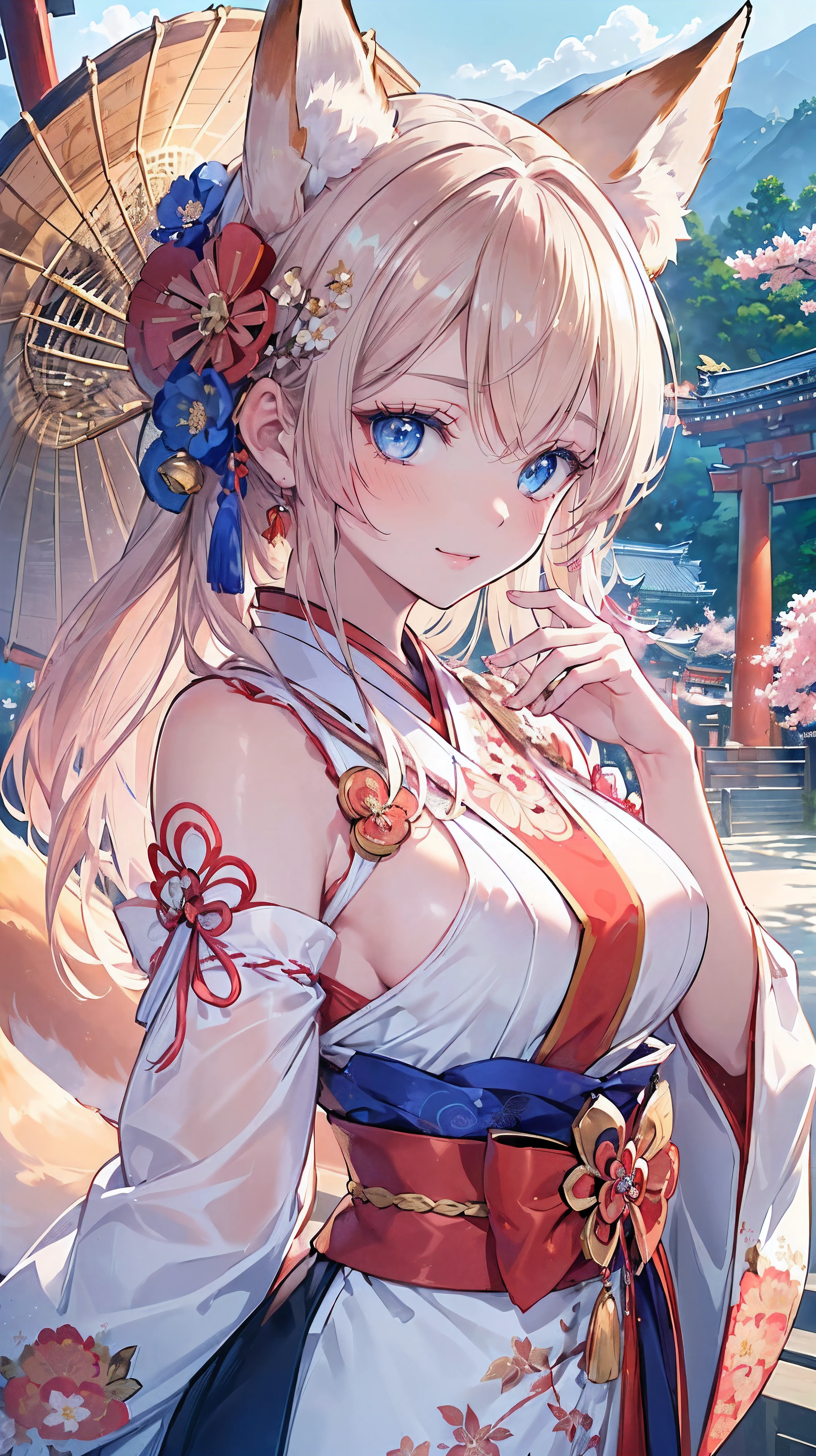 (((Masterpiece))), (((Highest quality))), ((Ultra-detailed)), ((Super fine illustration)), ((Ultra-fine painting)), (16K highest quality wallpaper:1.4), (Upper body:1.6), HDR, (Highly detailed and delicate illustration style:1.8), Detailed skin texture, Detailed cloth texture, Extreme detailed description, (T-masterpiece), (Highly detailed face:1.2), (Highly detailed fox ears:1.2), (Highly detailed shiny golden brown half updo:1.2), (Highly detailed clear blue eyes:1.2), Original, RAW photo, Professional, Intricate details, Super details, Direct light:1.6, (Perfect anatomy:1.4), (Highly detailed hands:1.2), (Highly detailed fingers:1.2), (Highly detailed fingertips:1.2), (24-years-old), Real, (Solo:1.8), ((A very beautiful and attractive fox fashion model with blue eyes wearing a bright red furisode with a floral pattern:1.4)) BRAKE (Beautiful and adorable fox ears:1.6), (Highly detailed and delicate fox ears:1.4), (Beautiful and well-shaped big breasts:1.2), (Beautiful and well-shaped buttocks), (Beautiful and shiny golden brown half updo:1.4), (Highly detailed and delicate golden brown half updo:1.2), (Beautiful clear blue eyes that shine with great detail:1.6), (Highly detailed and delicate blue eyes:1.2), (Highly detailed face:1.4), (Smile:1.5), (Blush:1.4), (Looking at viewer:1.4), (Celebration:1.4) BRAKE (Bright red furisode with floral pattern:1.4), (Japanese traditional costume:1.2) BRAKE (Concept art:1.2), (Detailed fantasy art:1.2) BRAKE (Highly detailed and delicate Ise Grand Shrine in Mie Prefecture in the background just after noon in spring:1.6), (Celebration:1.4), Ise Grand Shrine:1.4, Torii gate of Ise Shrine:1.4, cherry blossoms:1.2, Very beautiful in the sunny sky background just after noon:1.4 BRAKE