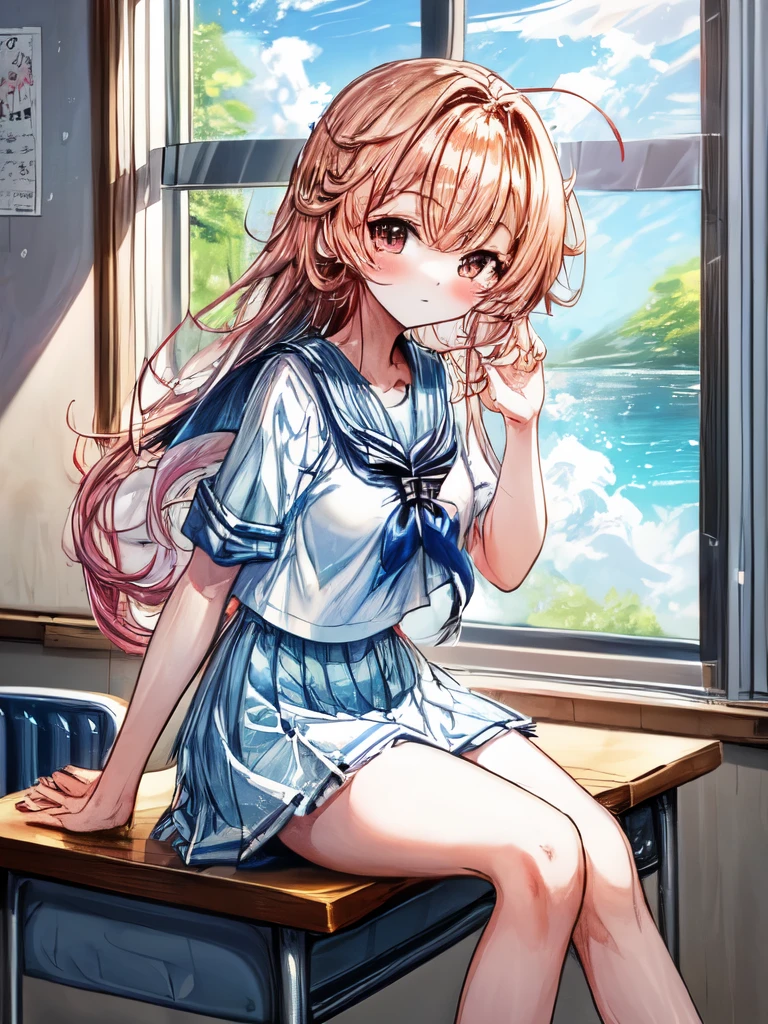 Create an image of a sitting girl, sailor suit, classroom, Generate an image of someone lounging on a desk. The image should capture the essence of summer, The girl should be in a typical summer pose, with a high-contrast effect and a subtle glow. The upper part of the screen should have a darker tone, gradually transitioning into a brighter tone towards the bottom.A beautiful scene of fluffy cumulus clouds entering through the window in the background.