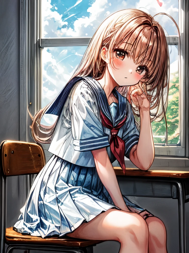 Create an image of a sitting girl, sailor suit, classroom, A person leaning on their hand and staring at you with a thoughtful expression. The image should capture the essence of summer, The girl should be in a typical summer pose, with a high-contrast effect and a subtle glow. The upper part of the screen should have a darker tone, gradually transitioning into a brighter tone towards the bottom.A beautiful scene of fluffy cumulus clouds entering through the window in the background.