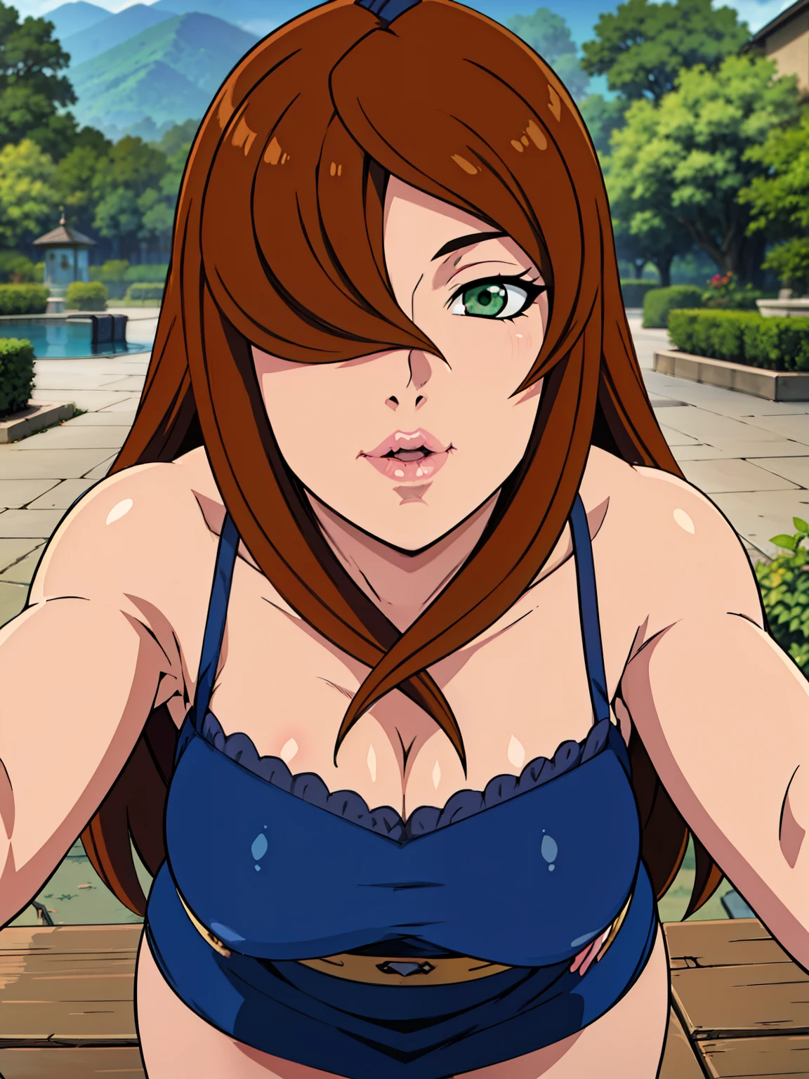 (POV Kiss | Peck | Thick Lips : 1.3), blue dress, garden background, Mei Terumi, anime cels style, best quality, high resolution, 1girl, (large breasts:1.2), beautiful face, long hair, brown hair, green eyes, ((hair over one eye)), lipstick, cowboy shot, light smile